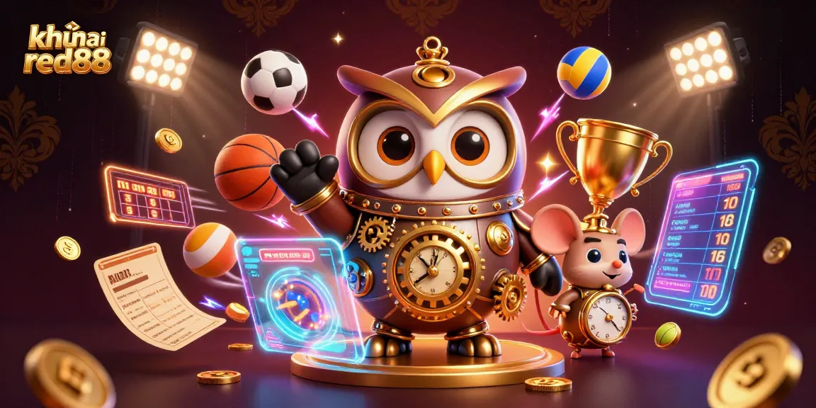 Engage with khuyến mãi red88 in a dynamic 3D casino scene featuring a time-traveling owl and sports elements.