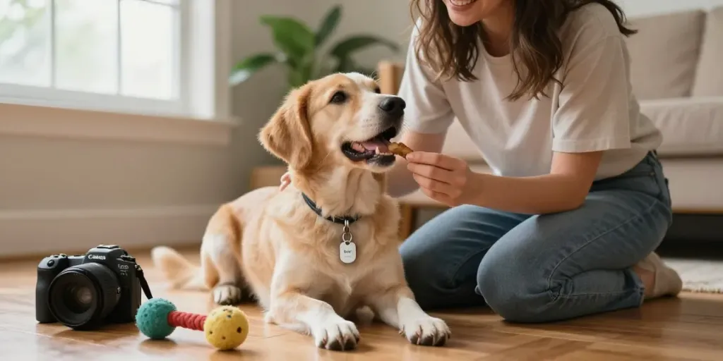 Hondenpenning op een speelse hond in een warme thuisomgeving