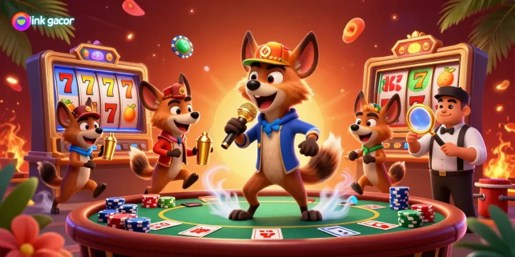 Experience the thrill of link gacor in a 3D cartoon casino scene with hyenas embracing humor and action.