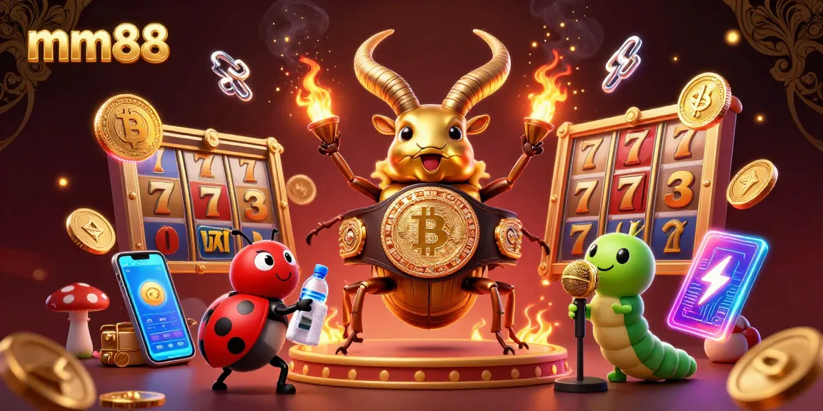 Engage in thrilling slots at mm88 with vibrant 3D characters showcasing jackpots and crypto elements.