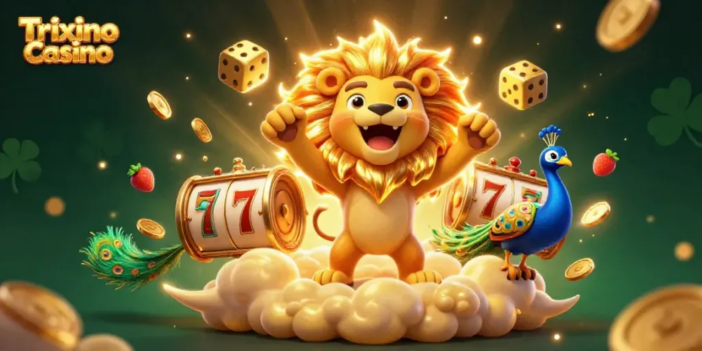 Trixino Casino's vibrant 3D illustration showcases a roaring sun lion and dynamic slot elements for an energetic atmosphere.