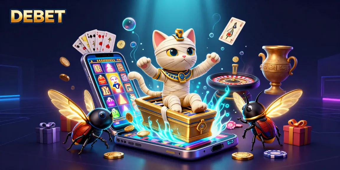 DEBET offers thrilling gaming experiences with colorful slots and casino action in a captivating scene.