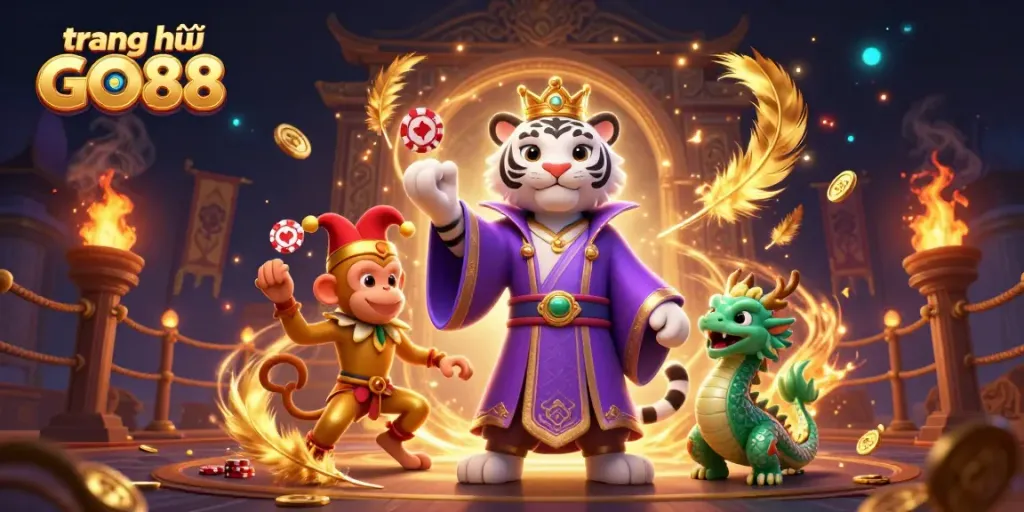Engage with the vibrant world of trang chủ GO88 featuring a royal-themed gambling scene with colorful characters and game elements.