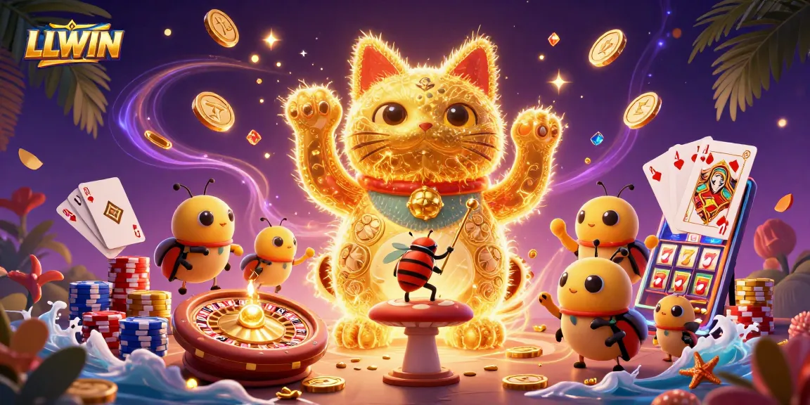 LLWIN showcases a dynamic 3D casino scene with elements representing luck and winning.
