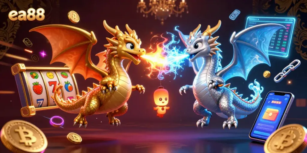 Engage with ea88's vibrant casino energy featuring dynamic dragons and crypto elements.
