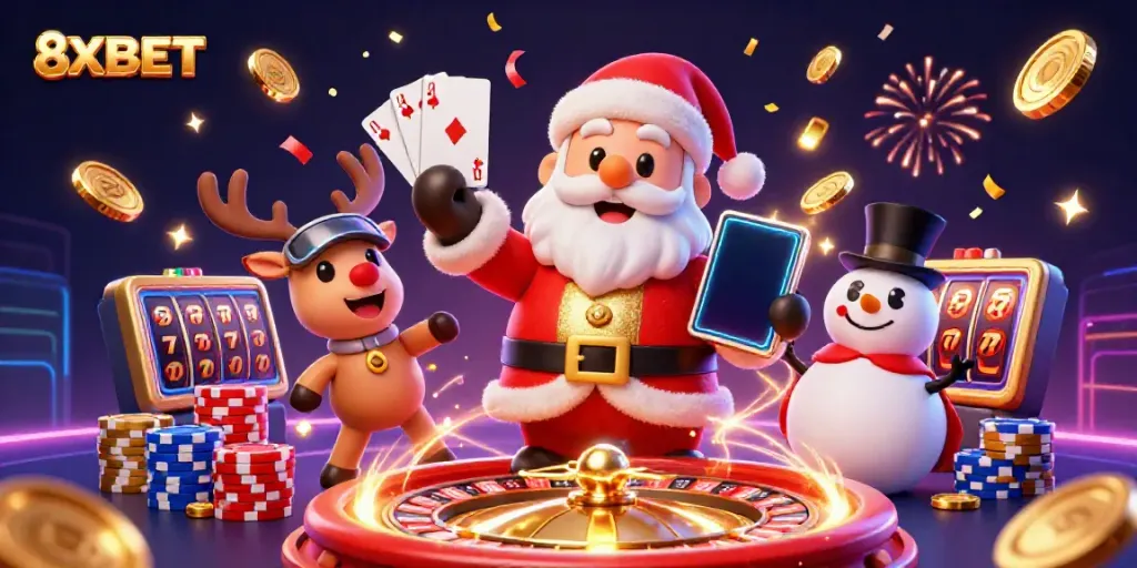 Engaging scene of Santa Claus, reindeer, and snowman celebrating 8XBET's casino victories with colorful elements.