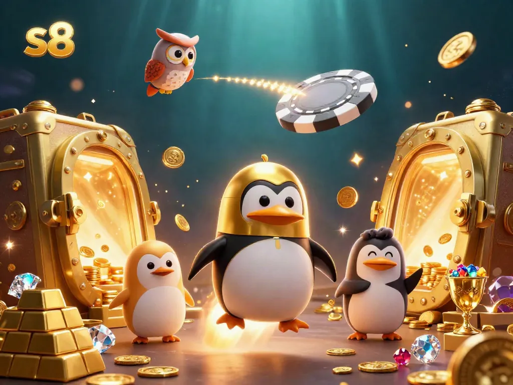 Experience the thrilling s8 casino journey with a penguin blasting through space, surrounded by treasures.
