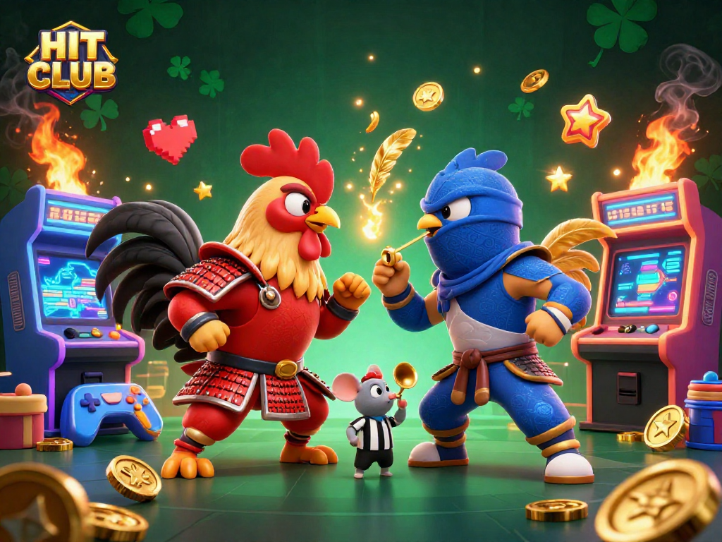 Engage in the HIT CLUB experience with fighting roosters amidst vibrant casino elements for thrilling gameplay.