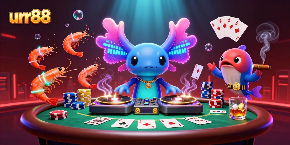 Experience the thrilling atmosphere of urr88 with a vibrant 3D casino scene featuring fun characters and poker elements.