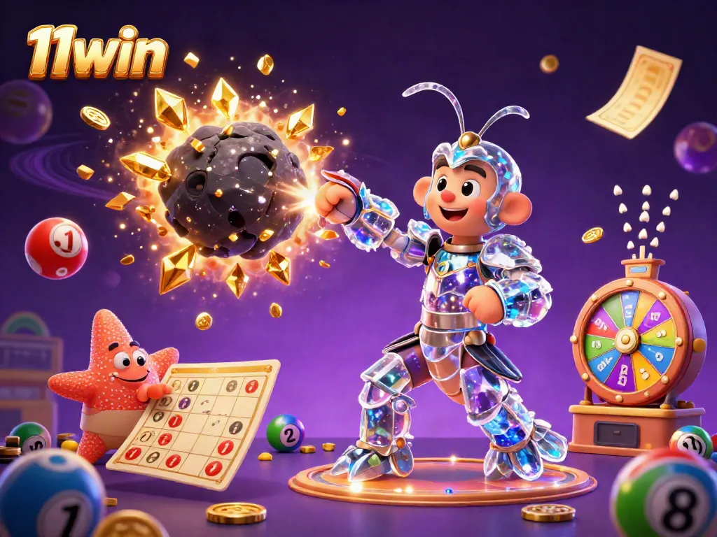 Win big at 11win with this vibrant illustration showcasing dynamic gambling elements and a galactic theme.