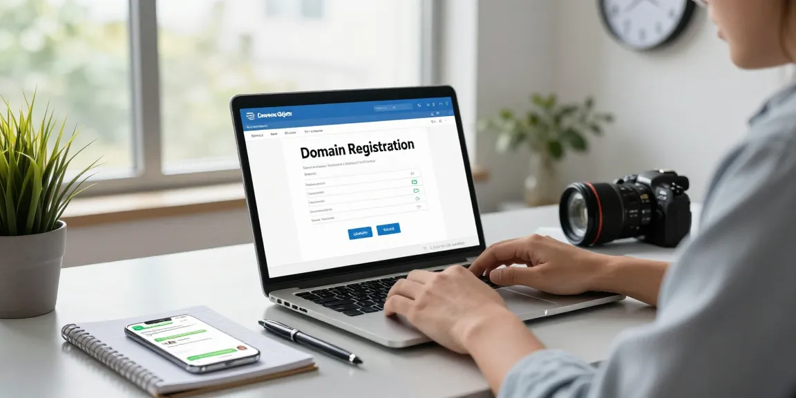 Domeinregistratie proces in een moderne werkruimte met professionele uitstraling.