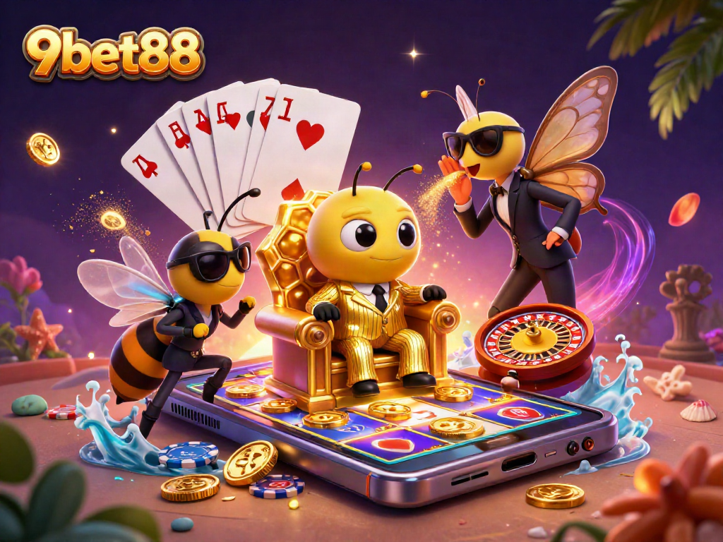 Experience casino excitement with 9bet88, featuring a dynamic 3D cartoon scene with characters alongside gaming elements.