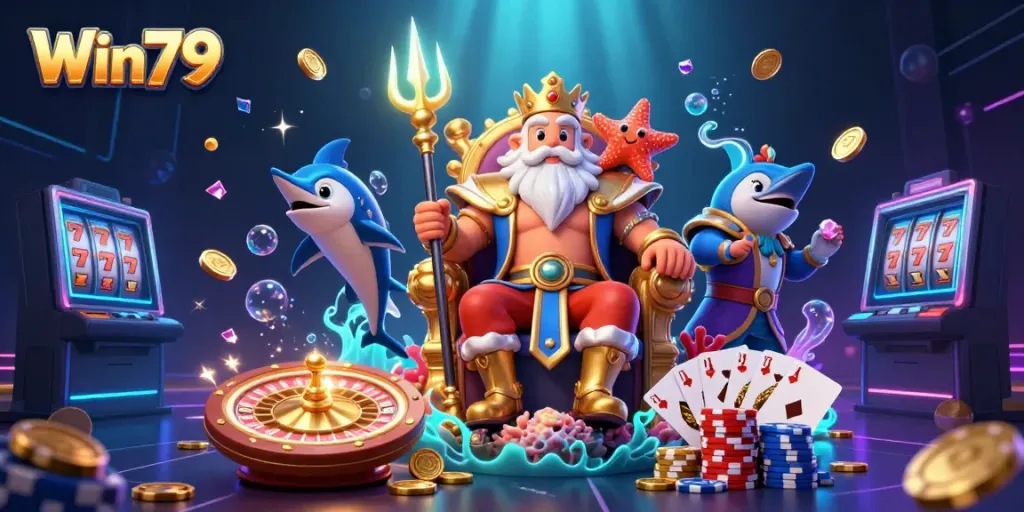 Win79 promotes gaming excitement with Neptune and samurai in vibrant 3D casino scene.