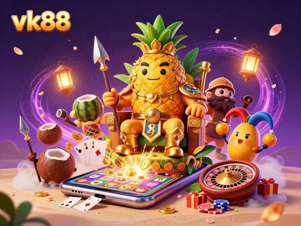 Engage with vk88 through vivid casino adventures featuring a golden pineapple king and dynamic game elements.