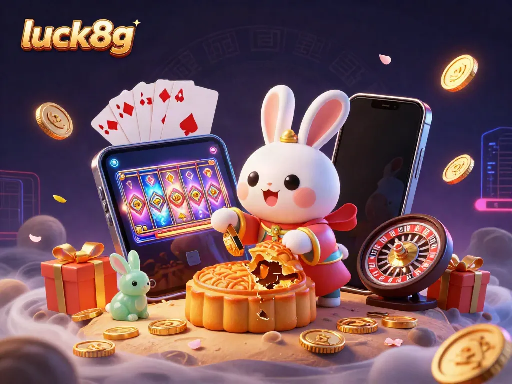 Enjoy immersive gaming with the luck8g casino scene showcasing a playful moon rabbit revealing poker chips while slot games spin joyfully.