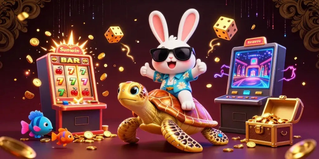 Experience thrilling gameplay with Sunwin's vibrant casino scene featuring a lucky rabbit, golden turtle, and jackpot symbols.