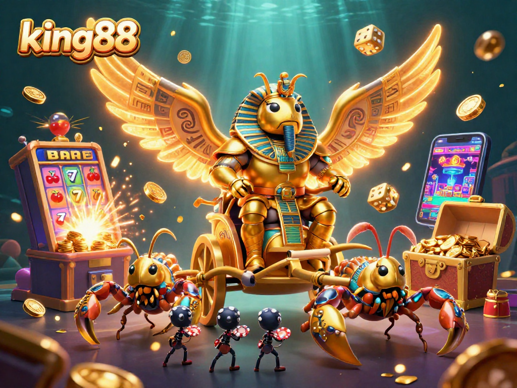 Engage with king88's exhilarating casino experience, featuring an epic 3D scene with golden characters and vibrant game elements.