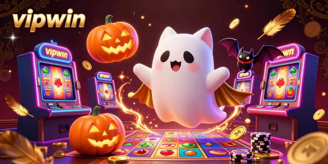 Engage players with vipwin's vibrant casino atmosphere, featuring a ghost cat and bat amidst slot machines.