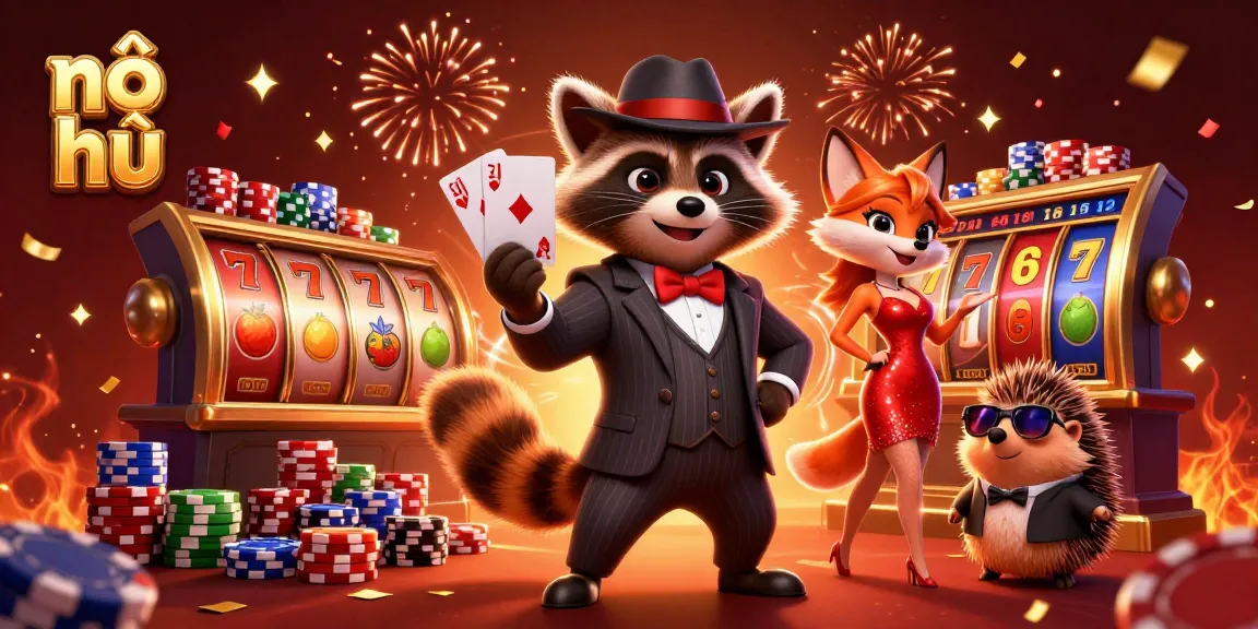 Experience the excitement of nổ hũ with a raccoon dealer and dazzling characters amidst vibrant slot machine symbols and a jackpot atmosphere.