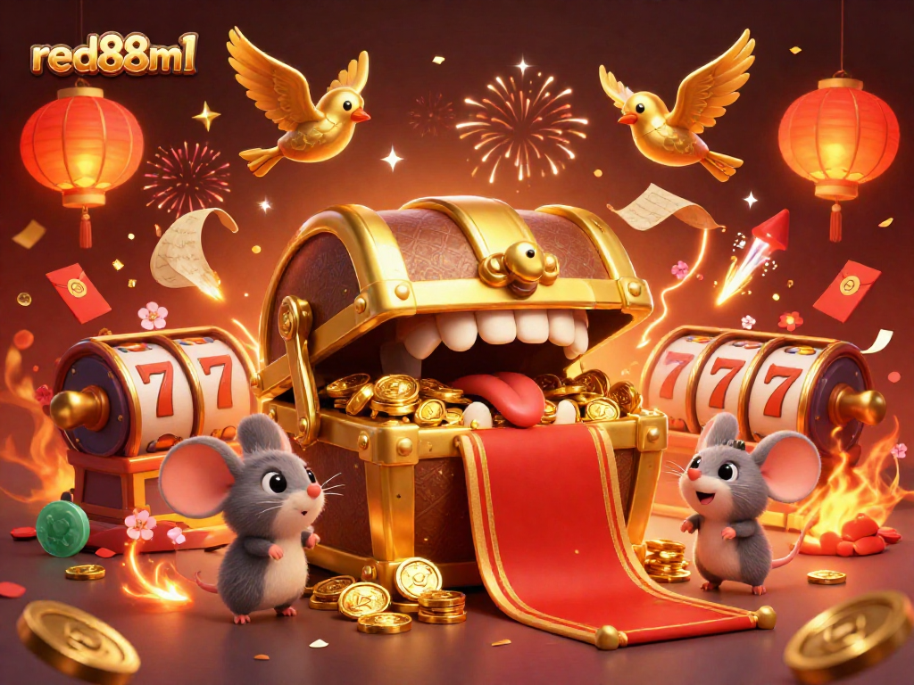 Win big with red88m1 at the exciting online casino, featuring vibrant 3D illustrations of treasure and luck.
