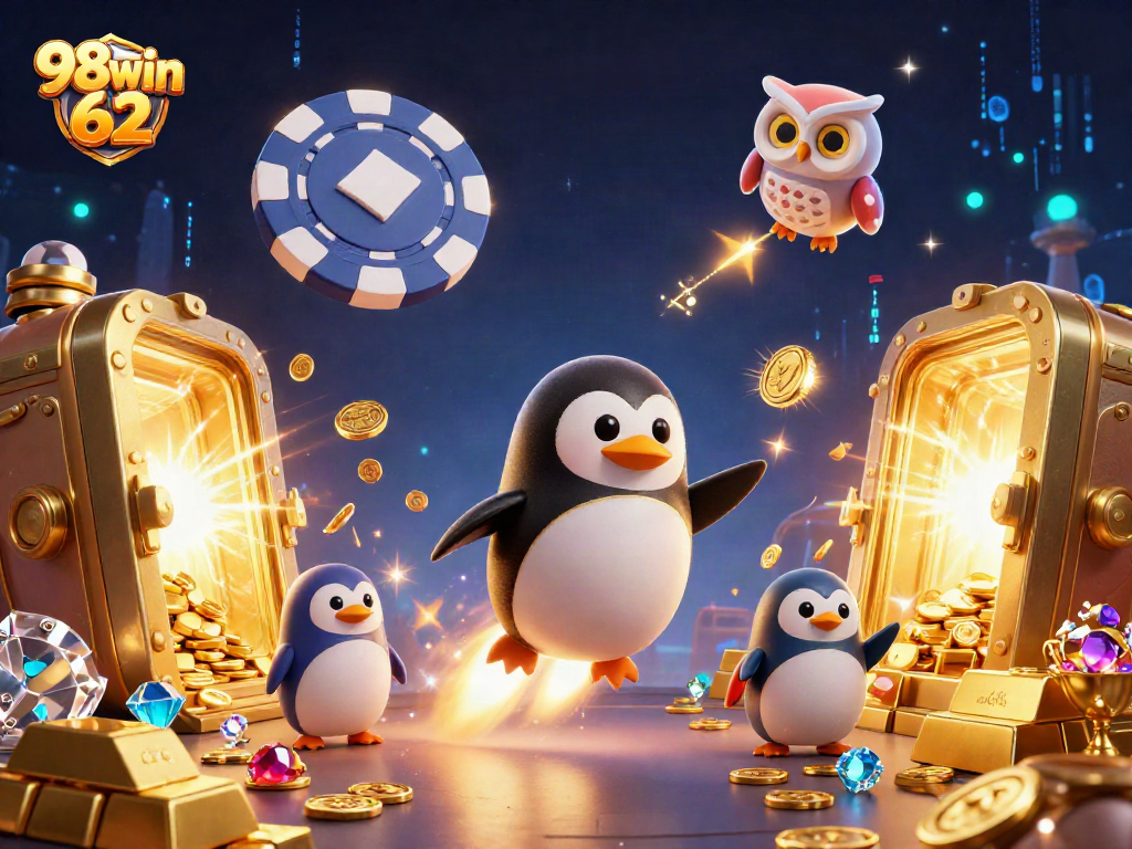 Experience 98win 62 as a golden penguin blasts to gaming riches amidst cosmic treasure.
