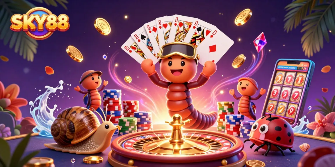 Experience the excitement of SKY88 with a vibrant casino scene featuring dynamic characters and game elements