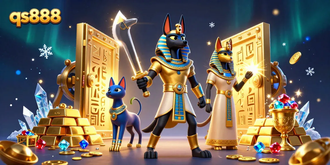 Experience the thrill of qs888 with a 3D illustration featuring ancient Egyptian characters, treasure, and dynamic gaming elements.