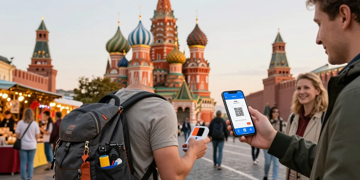 Toerist in Rusland die betaalt met een app van https://payinrussia.com/ en iconische bezienswaardigheden op de achtergrond.