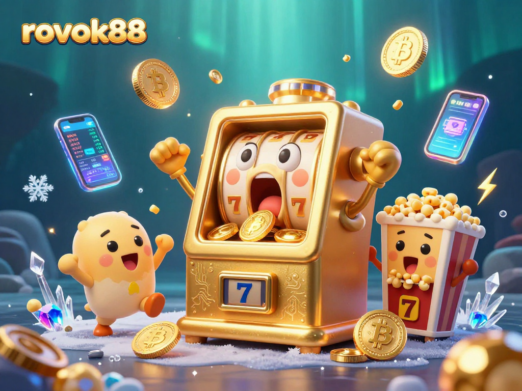 rokok88 slot machine celebrating a jackpot with coins pouring out, surrounded by cryptocurrency elements