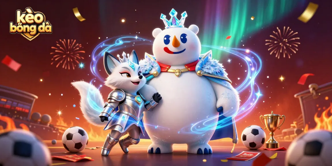 Engage with kèo bóng đá as a polar bear king and armored fox celebrate a betting strategy.