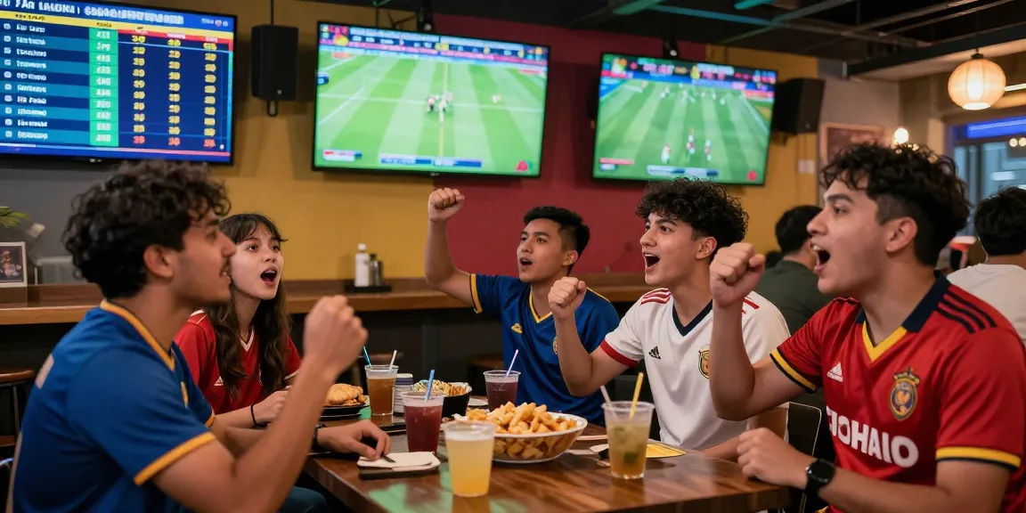 Kèo nhà cái statistics displayed in a lively sports bar with fans cheering during a match.