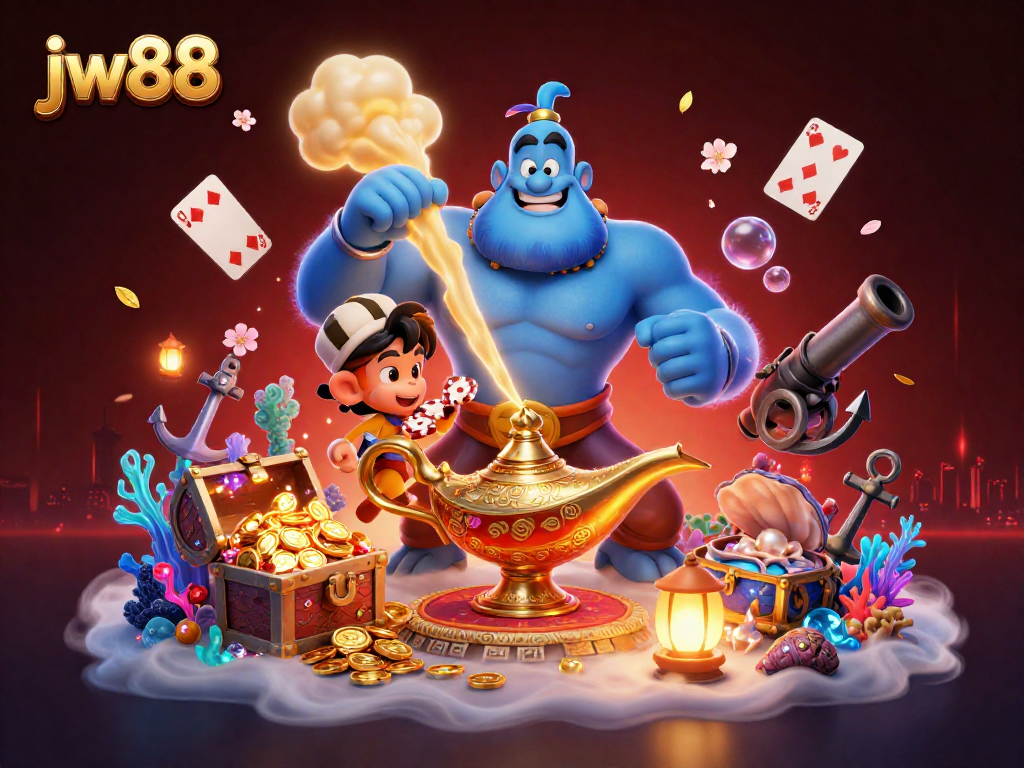 Win big at jw88 with a vibrant casino scene showcasing a genie, monkey, and poker chips amidst treasures.