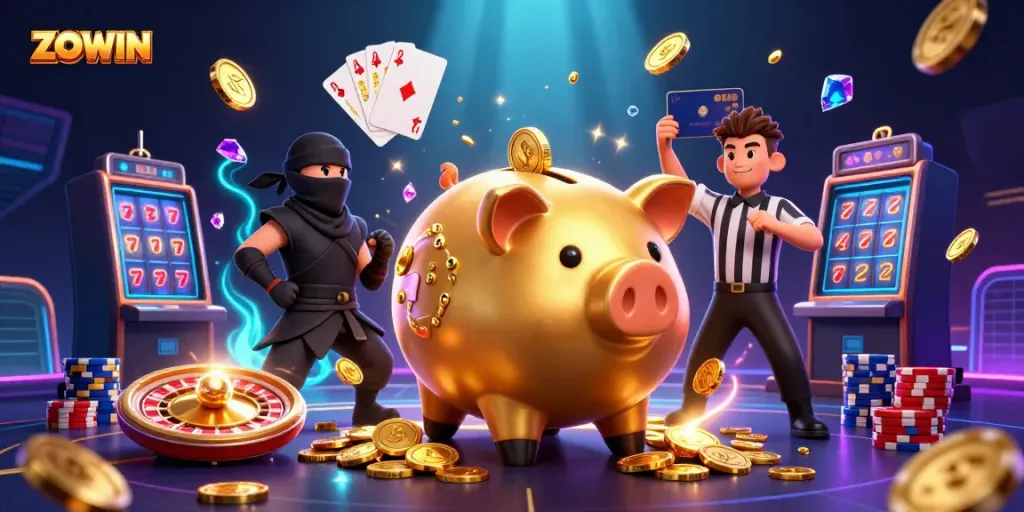 ZOWIN casino illustration depicting fun and excitement with characters and dynamic elements.