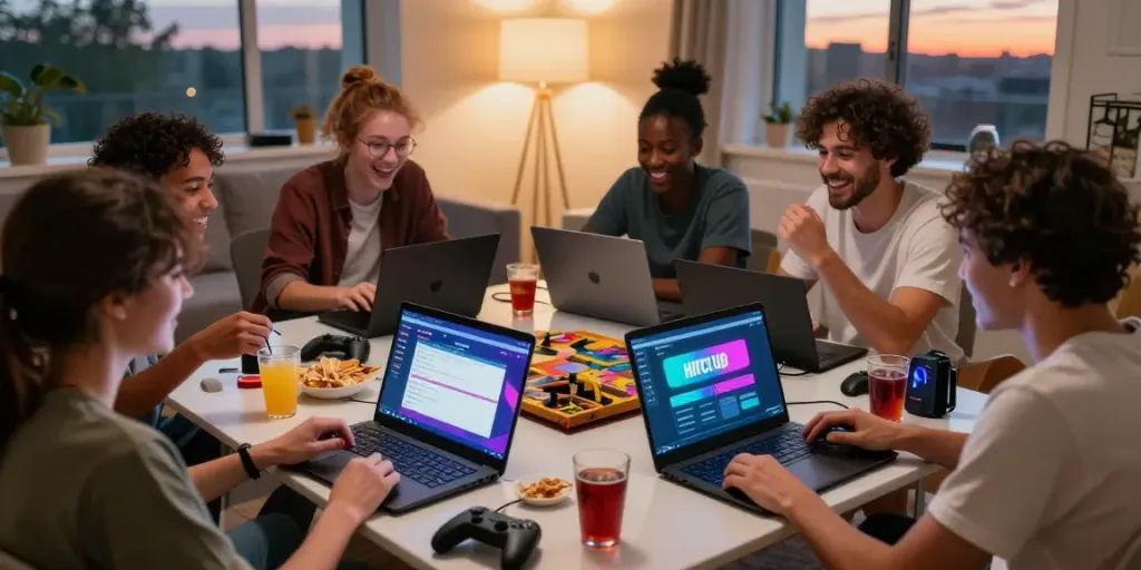 Friends enjoying a gaming night using the HITCLUB app, surrounded by snacks and laughter.