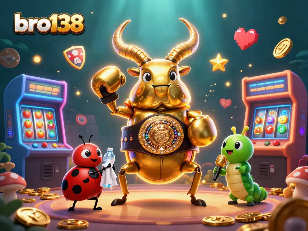 Experience thrilling gaming action at bro138 with slots and arcade elements in a vibrant 3D illustration