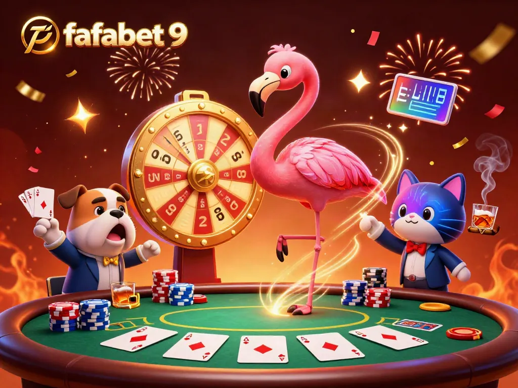 Engage with the exciting world of fafabet 9 through this vibrant casino scene featuring a game show host, bulldog contestant, and prizes.