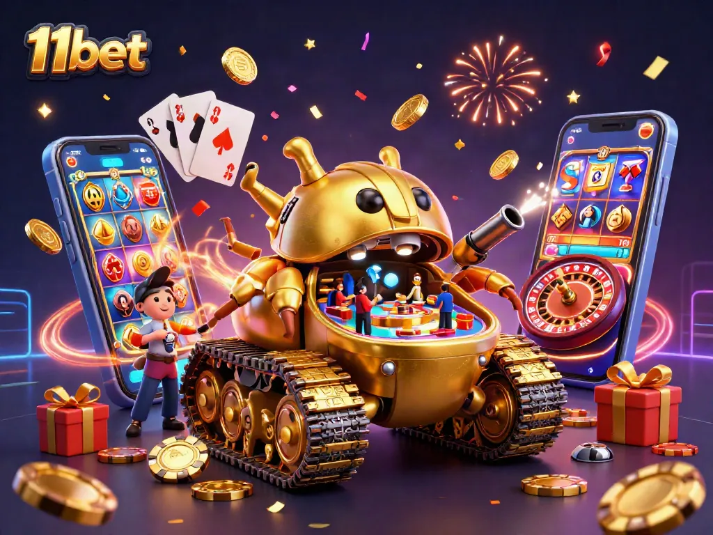 Engage with vibrant gameplay at 11bet featuring a lively miniature casino inside a golden beetle tank.