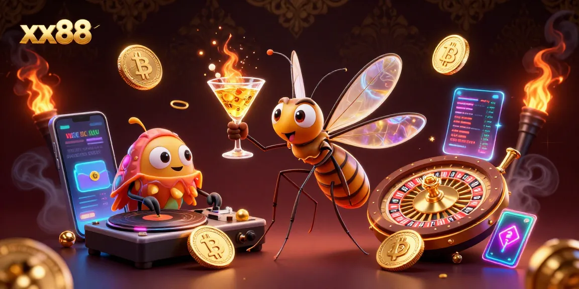 Experience the bustling energy of xx88 casino with vibrant mascots and crypto-themed elements.