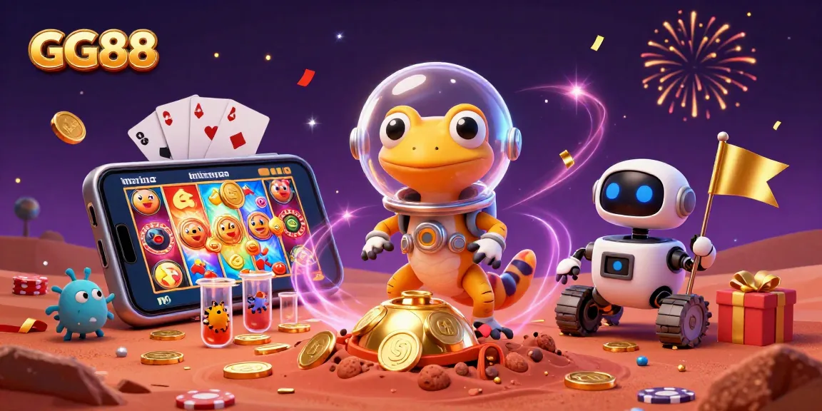 Experience GG88's thrilling gaming adventure with a cartoon Martian gecko discovering a golden casino amidst Mars' sands.