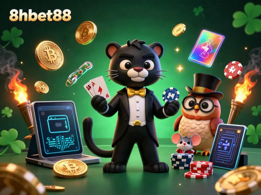 This colorful 3D casino scene depicts 8xbet88 with characters engaged in card dealing amidst vibrant crypto elements.