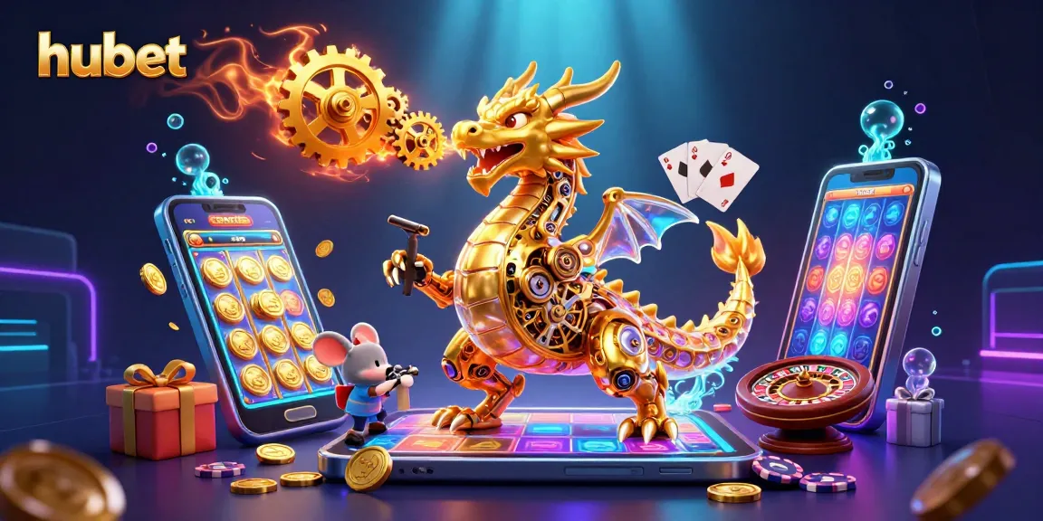 Experience thrilling gameplay at hubet with a 3D dragon and vibrant casino elements, showcasing dynamic slots and rewards.