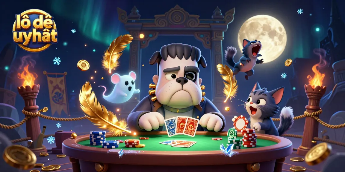 Engage in thrilling gameplay with lô đề uy tín at a haunted casino table amidst whimsical characters and vibrant visuals.