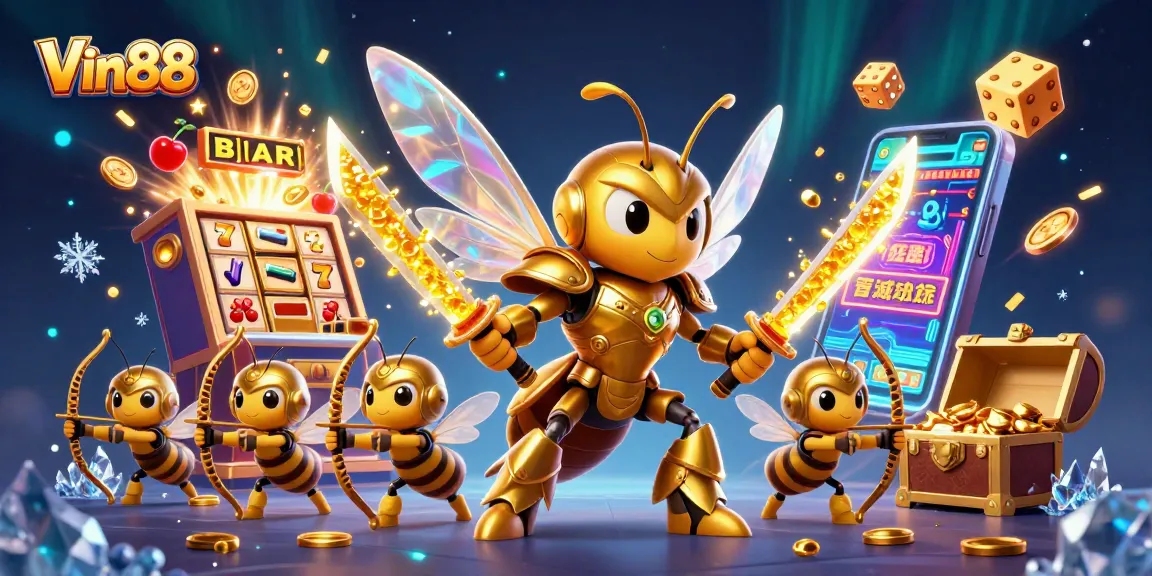 Experience Vin88 with dynamic gaming action featuring a colorful slot machine and vibrant casino elements.