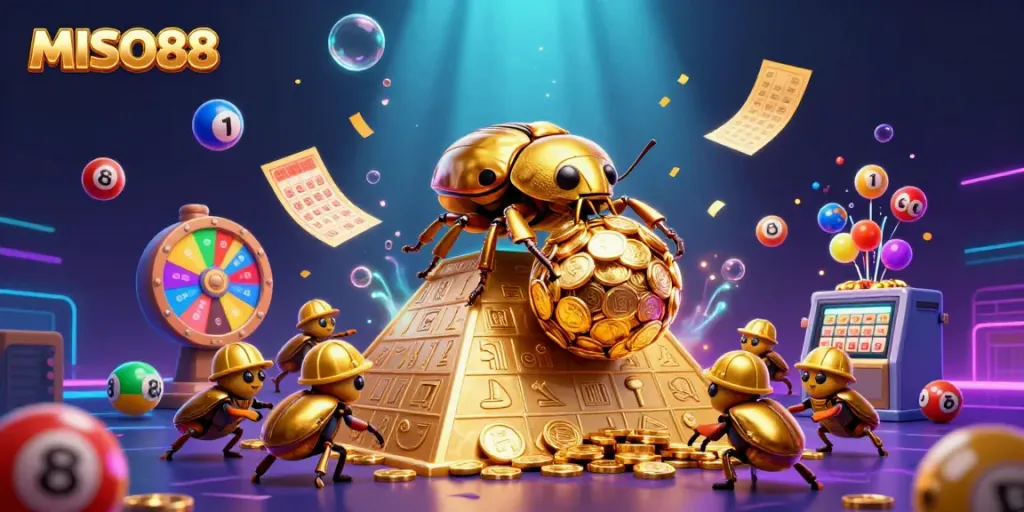 MISO88 brings excitement with a golden dung beetle rolling a coin ball amid colorful lottery elements.