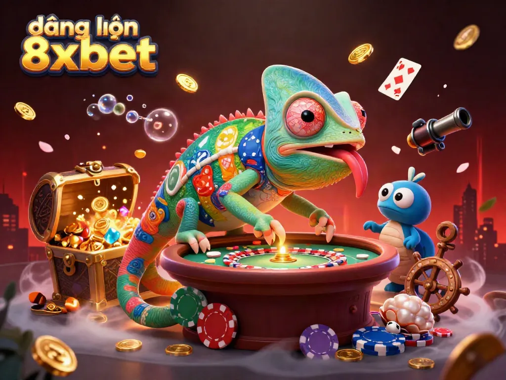 Experience the excitement of đăng nhập 8xbet with a vibrant casino scene featuring a chameleon casino owner and dynamic game elements.