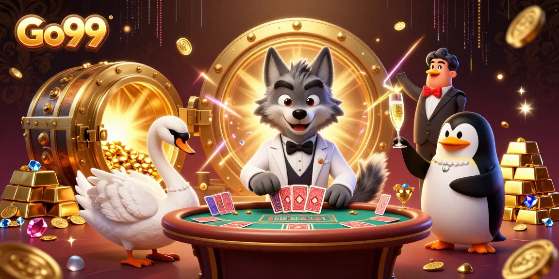 Win big at Go99 with stylish characters at a vibrant baccarat table surrounded by riches.