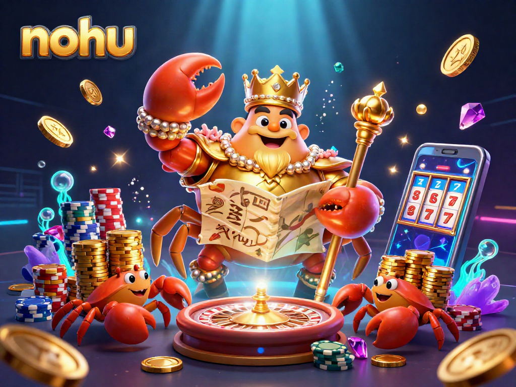 Nohu offers players a thrilling casino experience with a 3D illustration featuring a golden crab emperor amidst stunning game elements.