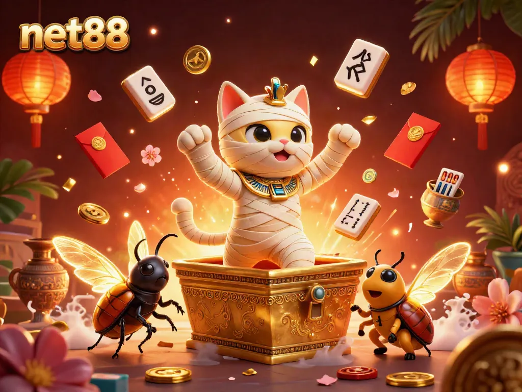 Experience the excitement of net88's online gaming with a vibrant illustration of a mummy cat and casino elements.