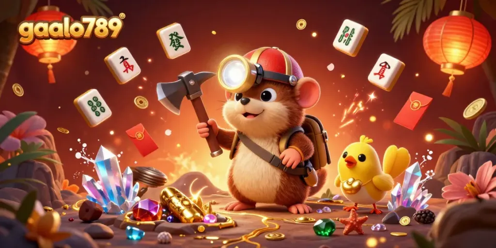 Experience the excitement of gaalo789 gaming with a cartoon mole character amidst colorful casino elements.