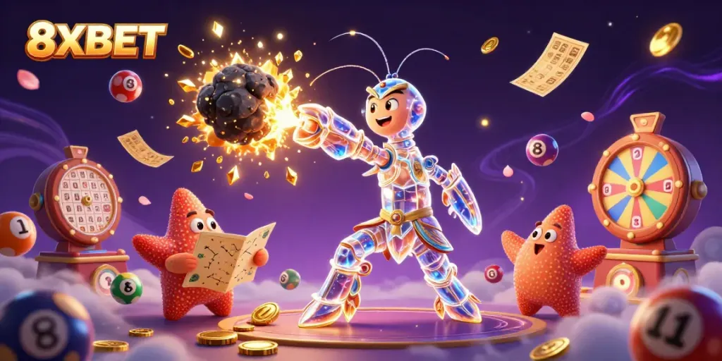 Experience thrilling gaming with 8XBET as a galactic samurai and colorful lottery elements collide in a dynamic casino scene.